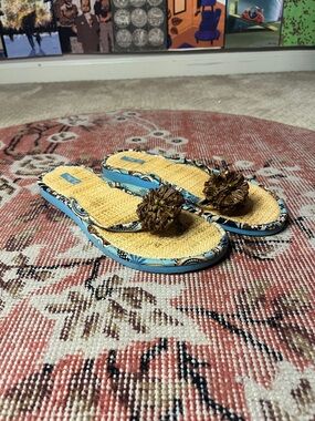 Vera Bradley Blue Paisley Straw Pom Pom Flip Flop Sandals